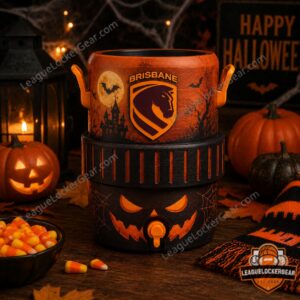 Brisbane Broncos Halloween 2026 Mini Can Cooler - full view with spooky background and candy corn