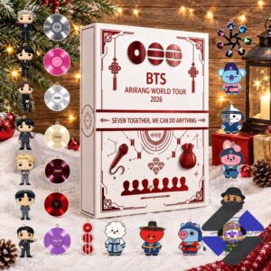 BTS Advent Calendar box with BTS member funko pop and record-style ornaments