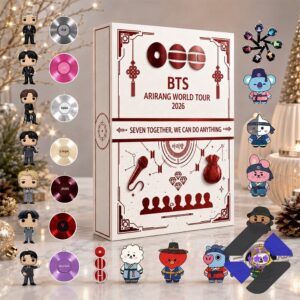 BTS Arirang World Tour 2026 Special Edition Advent Calendar with ornaments displayed on a snowy branch