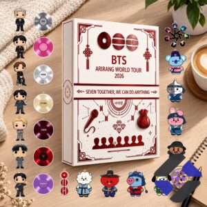 BTS Advent Calendar box with member figures, record discs, and BT21 character ornaments