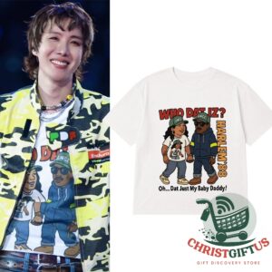 BTS J-Hope AWGE x ASAP Rocky Harlem 88 Who Dat Iz T-Shirt - front view beside matching worn shirt