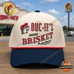 Buc-ee's Fresh Brisket On The Bone Flat Brim Snapback Cap - clear front view on a white background