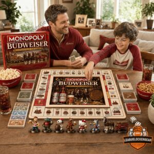 Budweiser Monopoly 2026 Board Game - close-up of game box and miniature bar display