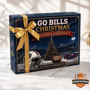 Buffalo Bills Christmas Advent Calendar outer box tied with a gold ribbon, showing stadium artwork