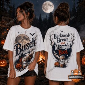 Busch Beer Halloween Backwoods Brews Midnight Boos T-Shirt - close-up of front design with moon and bats