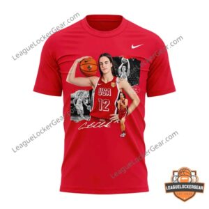 Caitlin Clark USA Basketball Tribute T-Shirt - close-up of player collage on front
