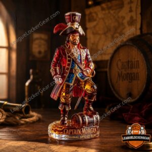 Captain Morgan Original Spiced Rum Shaped Whiskey Decanter Bottle - full view of pirate figure on wooden table