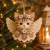 Cat Angel Christmas Crochet Ornament - front view showing crocheted cat with wings and bell