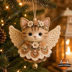 Cat Angel Christmas Crochet Ornament - front view showing crocheted cat with wings and bell
