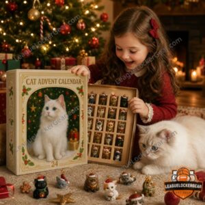 Cat Christmas Advent Calendar Ornaments - close-up of the advent calendar box featuring a white cat