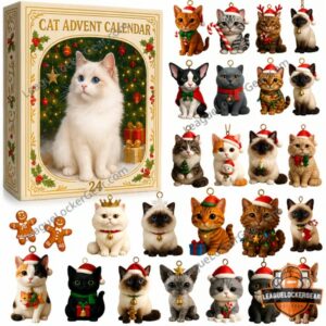 Cat Christmas Advent Calendar Ornaments - close-up of a row of cat ornaments with Santa hats and reindeer