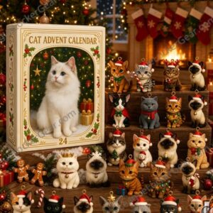 Cat Christmas Advent Calendar Ornaments - full display of calendar and figurines on a wooden surface