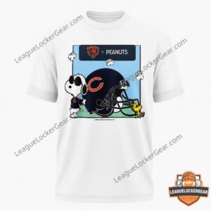 Chicago Bears Peanuts Snoopy Bears Win T-Shirt - two men wearing shirts, close-up front view