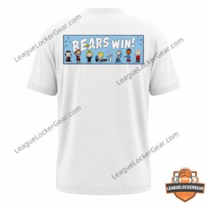 Chicago Bears Peanuts Snoopy Bears Win T-Shirt - two men wearing shirts, close-up front and back views