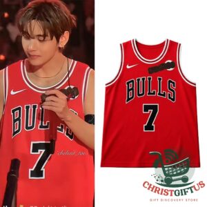 Chicago Bulls BTS Taehyung V Day 2 Jersey - front worn view and flat jersey display