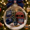 Chicago Cubs 150th Anniversary 2026 Globe Ornament - full view on a blurred Christmas tree background