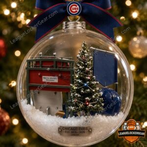 Chicago Cubs 150th Anniversary 2026 Globe Ornament - close-up on banner and Christmas tree