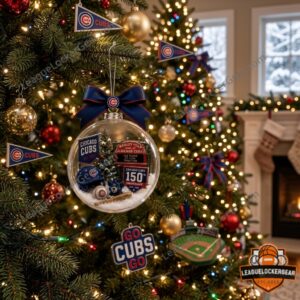 Chicago Cubs 150th Anniversary 2026 Globe Ornament - close-up on Wrigley Field sign and top bow
