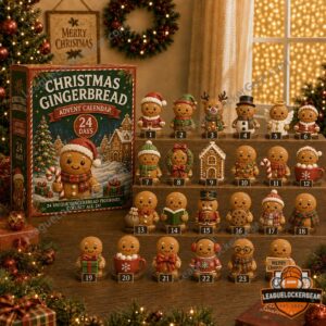 Christmas Gingerbread 24 Days Figurines Advent Calendar - full display with festive background