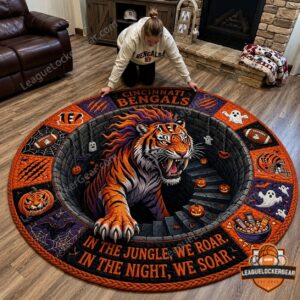 Cincinnati Bengals Halloween Quilted Round Rug - close-up of tiger and team name section