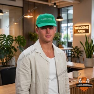 Cincinnati Bengals Joe Burrow I Work Here Hat - man wearing cap, showing lower face and shirt