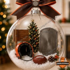 Cleveland Browns 80 Years Anniversary Globe Ornament - close-up on Dawg Pound sign and helmet ribbon