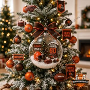 Cleveland Browns 80 Years Anniversary Globe Ornament - close-up on anniversary plaque and ribbon