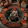 Cleveland Browns Halloween Skeleton Bulldog Quilted Round Rug - full view in a Halloween-themed room setting