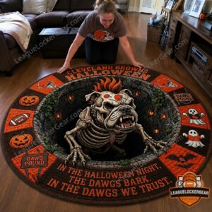Cleveland Browns Halloween Skeleton Bulldog Quilted Round Rug - close-up of the top-left design section