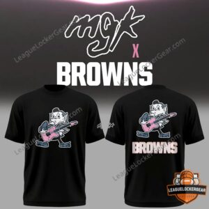 Cleveland Browns MGK Brownie the Elf Guitar T-Shirt - front and back display