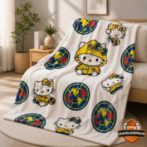 Club America Hello Kitty 2026 Blanket - close-up on sofa with lamp