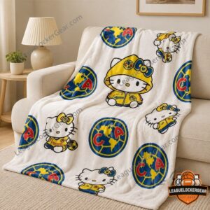 Club America Hello Kitty 2026 Blanket - draped over a light-colored sofa