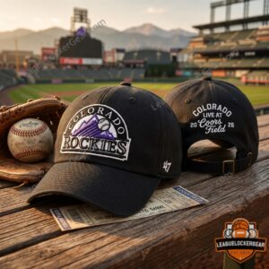 Colorado Rockies Live At Coors Field 2026 Baseball Hat - front and back view on wooden surface