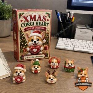 Corgi Heart Christmas Advent Calendar 24 Acrylic Ornaments - detailed view of upper and middle tier festive