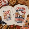 Cracker Jack Hello Kitty Classic Crunch Timeless Fun T-Shirt - front and back view with popcorn