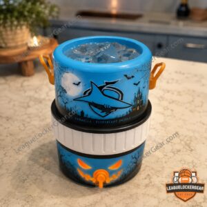 Cronulla-Sutherland Sharks Halloween 2026 Mini Can Cooler close-up of top section with moon and bats