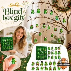 Crystal Frog Ornaments Advent Calendar 2026 - close-up of the green box with some frog ornaments inside
