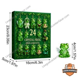 Crystal Frog Ornaments Advent Calendar 2026 - close-up of frog ornaments on a wooden stand with a glowing