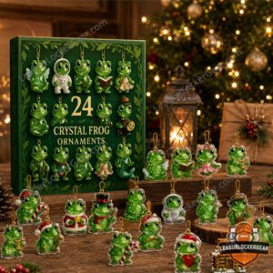 Crystal Frog Ornaments Advent Calendar 2026 - full set displayed on a wooden surface with a festive background