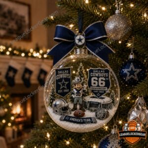 Dallas Cowboys 66th Anniversary 1960-2026 Globe Ornament - close up of banner and mascot