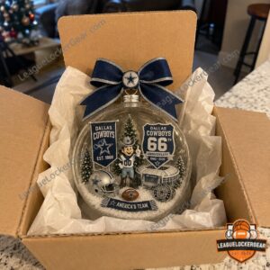 Dallas Cowboys 66th Anniversary 1960-2026 Globe Ornament - close up of 66th anniversary shield