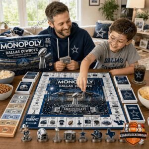 Dallas Cowboys Championship Anniversary Monopoly Board Game - close-up of game box, Lombardi Trophy, and