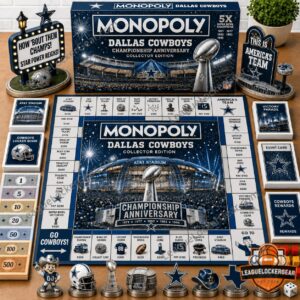 Dallas Cowboys Championship Anniversary Monopoly Board Game - full view with game pieces and box