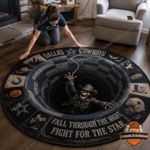Dallas Cowboys Halloween 2026 Round Rug - close-up of the left side with a pumpkin and city skyline