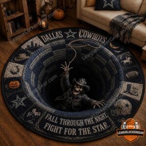 Dallas Cowboys Halloween 2026 Round Rug - overhead view on a wooden floor