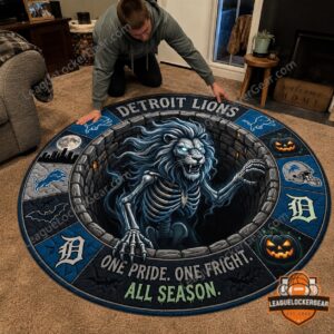 Detroit Lions 2026 Halloween Round Rug - top-left close-up showing skeleton lion and border details