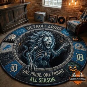 Detroit Lions 2026 Halloween Round Rug - full view in a rustic room setting