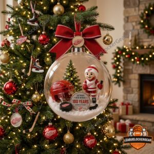 Detroit Red Wings 100 Years Anniversary 2026 Globe Ornament - close up of top with red bow and logo