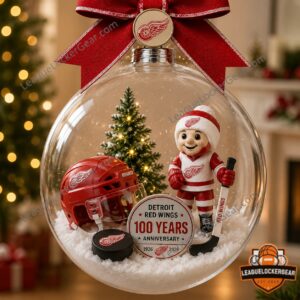 Detroit Red Wings 100 Years Anniversary 2026 Globe Ornament - full view with festive background