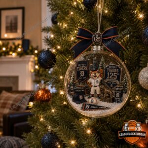 Detroit Tigers 125th Anniversary 1901-2026 Globe Ornament - close-up of mascot and banner